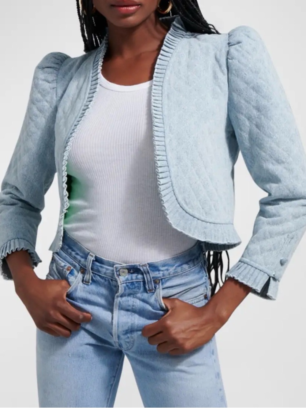 Love the Label Quilted Cropped Ruffle-Trim Blazer in Light Denim - Picture 1 of 7